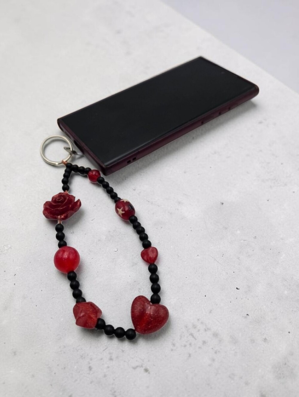 Stylish Phone Charm Red Black Beads Heart Rose Handmade Cute Accessory